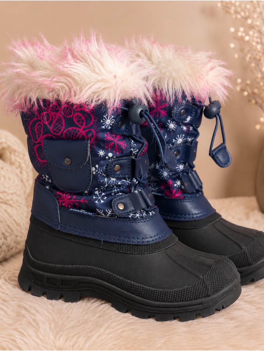 Dream Pairs Kids Snow Boots Navy Pink Faux Fur Winter Waterproof US 13